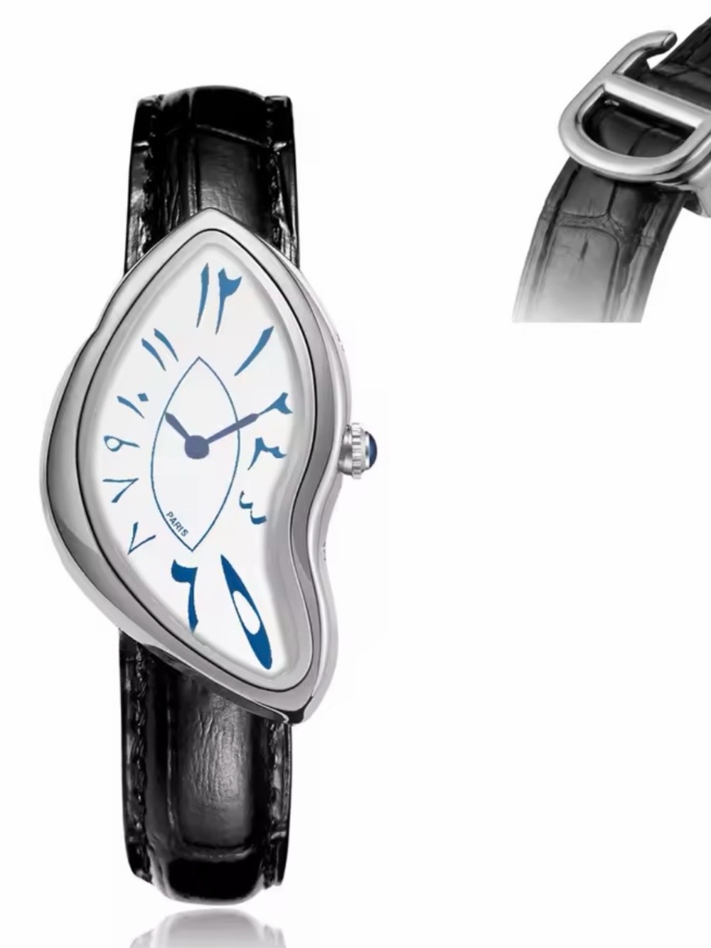 Black Leather Strap Melting-Style Dial Watch with Blue Accents